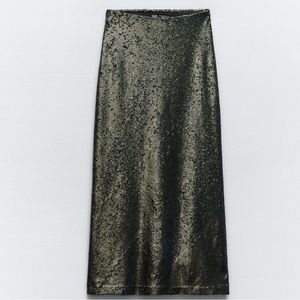 Zara MIDI Skirt in Dark Green Sequin Sz XS/S